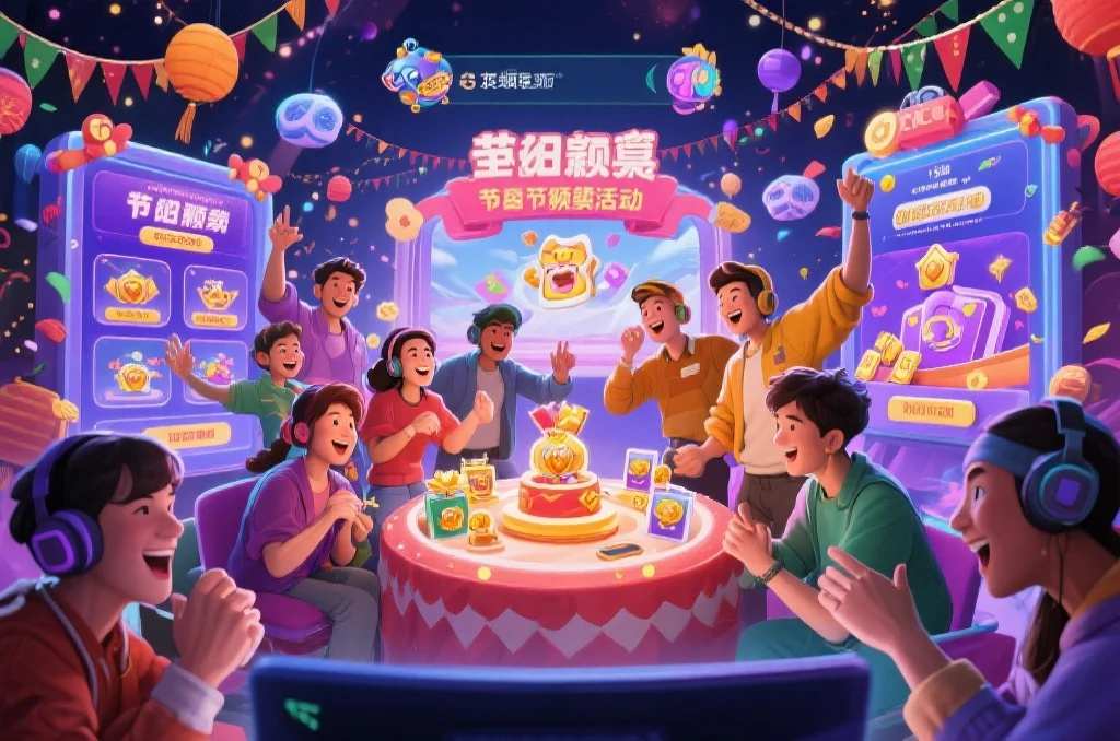 一群玩家在网络平台上参与节日限定活动,画面欢快热闹,背景有庆典装饰和虚拟奖励展示